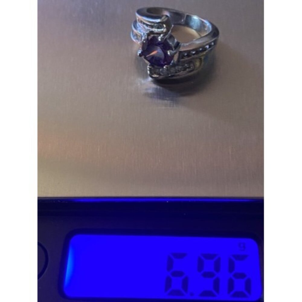 Amethyst Silver Tone Bypass Ring 2 Rows of CZ's Chunky 6.9 grams Size 6 - Picture 7 of 7